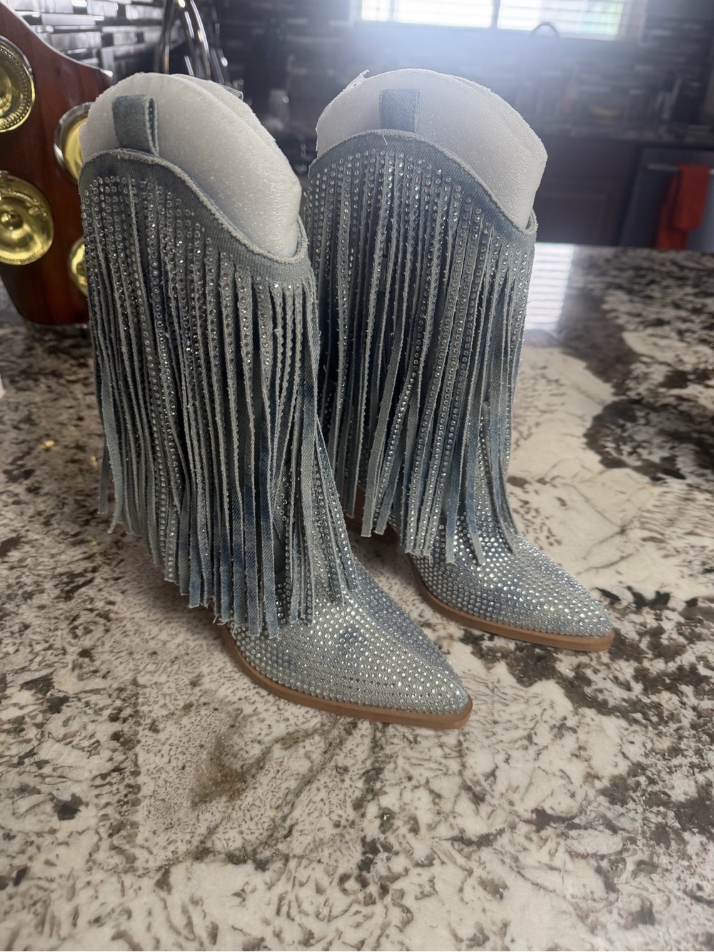 Jessica Simpson Blue Gray Fringe Rhinestone Pointed-Toe Heeled Boots